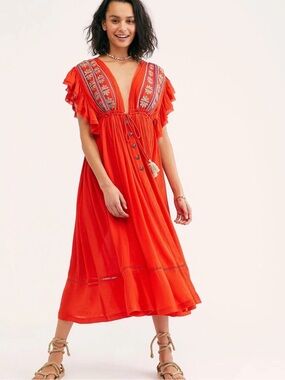 NWT Free People Roaring Red Embroidered V-Neck Midi Dress with Tassel Detail S